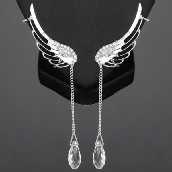 SEXY SPARKLES Angel Wing Earrings Silver Tone Crystal Glass Teardrop Tassel W/Clear Rhinestone