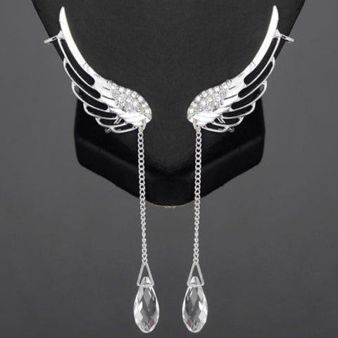 SEXY SPARKLES Angel Wing Earrings Silver Tone Crystal Glass Teardrop Tassel W/Clear Rhinestone - Sexy Sparkles Fashion Jewelry - 1