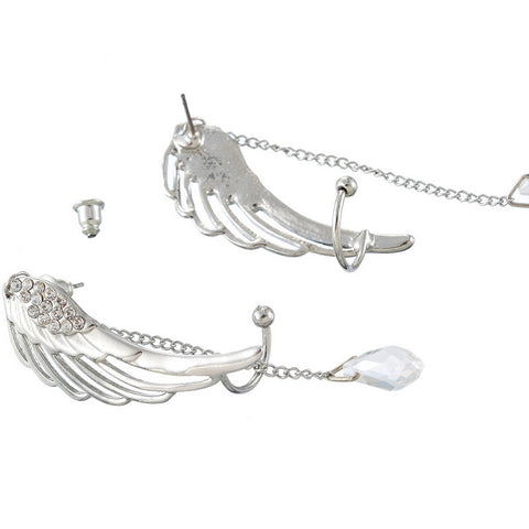 SEXY SPARKLES Angel Wing Earrings Silver Tone Crystal Glass Teardrop Tassel W/Clear Rhinestone - Sexy Sparkles Fashion Jewelry - 3