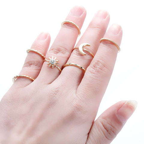 Sexy Sparkles 7PCS Vintage Moon Flower Joint Knuckle Nail Midi Ring Set - Sexy Sparkles Fashion Jewelry - 1