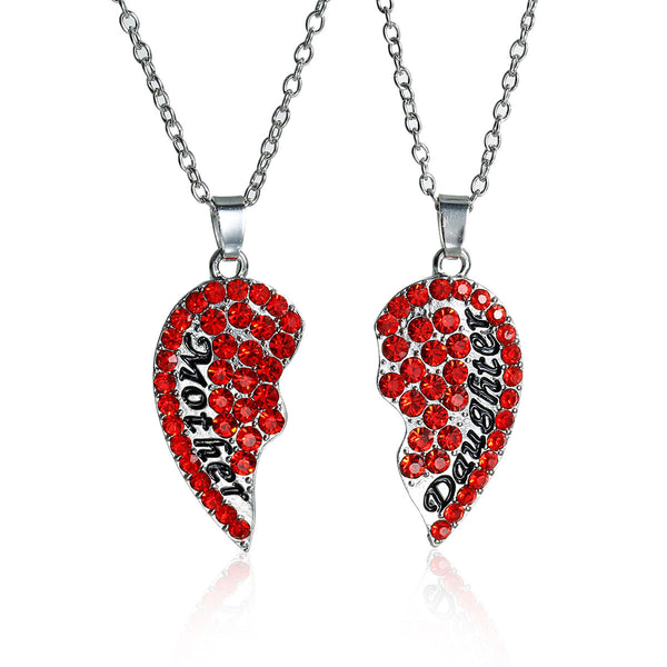 Necklace Long Link Cable Chain Broken Heart Message " Mother & Daughter " Pendants Red Rhinestone