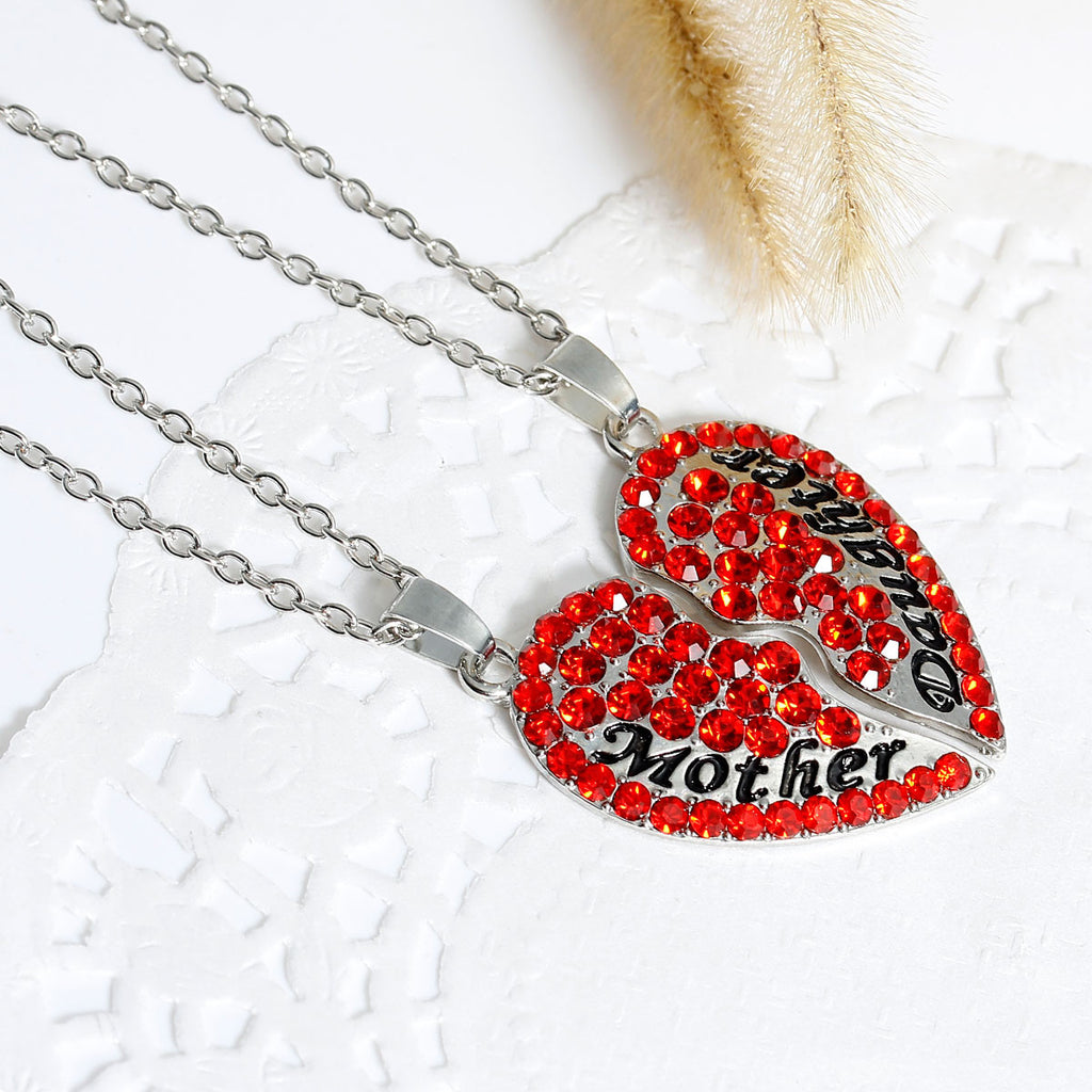 Necklace Long Link Cable Chain Broken Heart Message Mother Daughter Pendants Red Rhinestone