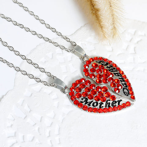 Necklace Long Link Cable Chain Broken Heart Message " Mother & Daughter " Pendants Red Rhinestone - Sexy Sparkles Fashion Jewelry - 2