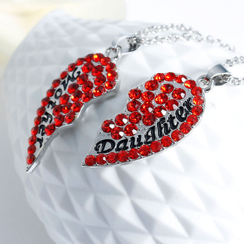 Necklace Long Link Cable Chain Broken Heart Message " Mother & Daughter " Pendants Red Rhinestone - Sexy Sparkles Fashion Jewelry - 3