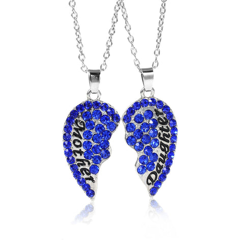 Necklace Long Link Cable Chain Broken Heart Message " Mother & Daughter " Pendants Royal Blue Rhinestone - Sexy Sparkles Fashion Jewelry - 1