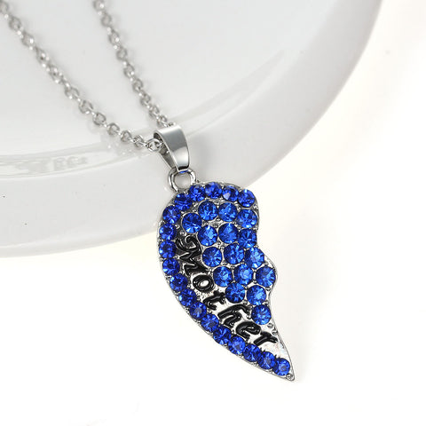 Necklace Long Link Cable Chain Broken Heart Message " Mother & Daughter " Pendants Royal Blue Rhinestone - Sexy Sparkles Fashion Jewelry - 2