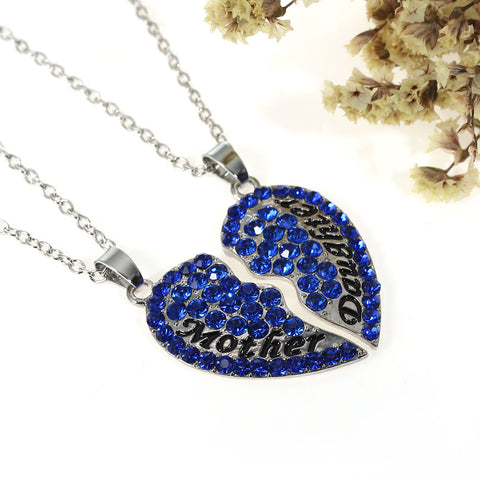 Necklace Long Link Cable Chain Broken Heart Message " Mother & Daughter " Pendants Royal Blue Rhinestone - Sexy Sparkles Fashion Jewelry - 3