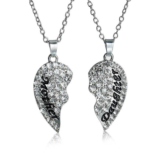 SEXY SPARKLES Necklace Long Link Cable Chain Broken Heart Message " Mother & Daughter " Pendants Royal Clear Rhinestone