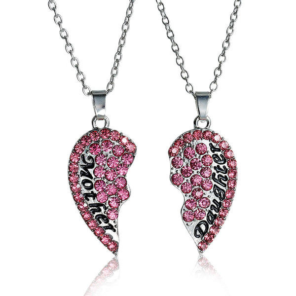 Necklace Long Link Cable Chain Broken Heart Message " Mother & Daughter " Pendants Pink Rhinestone