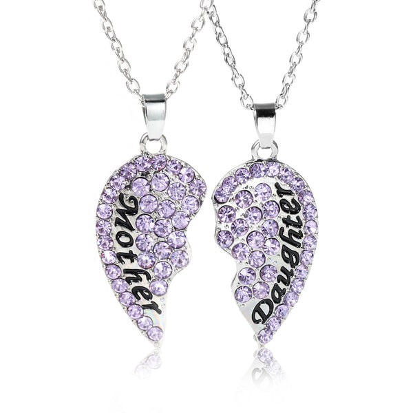 Necklace Long Link Cable Chain Broken Heart Message " Mother & Daughter " Pendants Mauve Rhinestone
