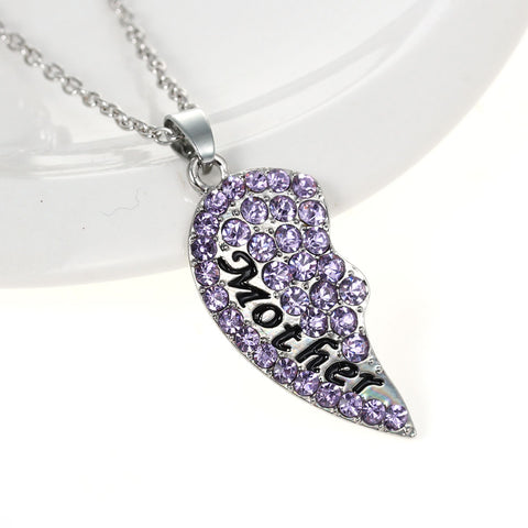 Necklace Long Link Cable Chain Broken Heart Message " Mother & Daughter " Pendants Mauve Rhinestone - Sexy Sparkles Fashion Jewelry - 2