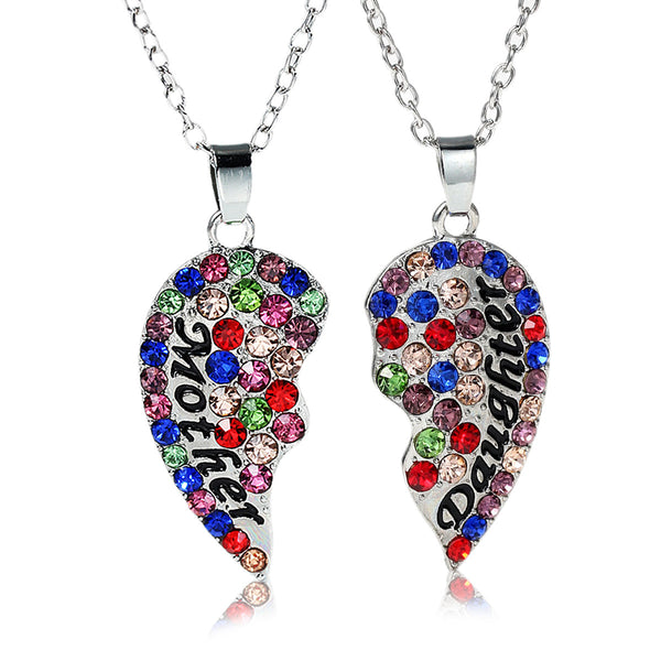 Necklace Long Link Cable Chain Broken Heart Message " Mother & Daughter " Pendants Multi Color Rhinestone