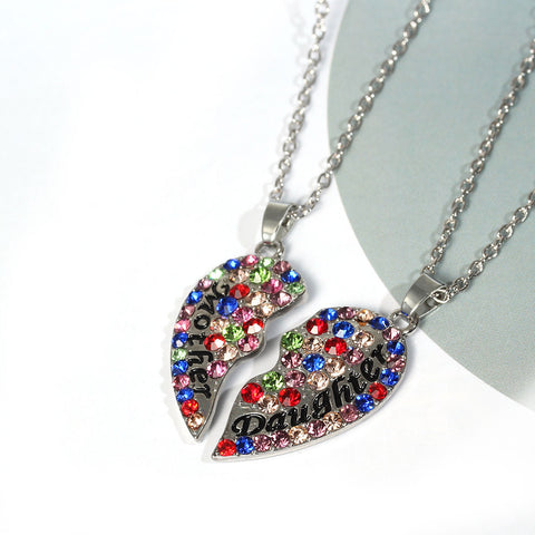 Necklace Long Link Cable Chain Broken Heart Message " Mother & Daughter " Pendants Multi Color Rhinestone - Sexy Sparkles Fashion Jewelry - 2
