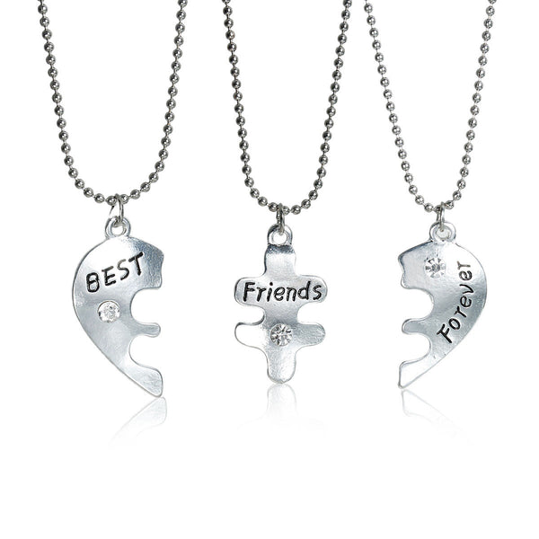 3 pc Necklace Ball Chain Broken Heart Message " Best Friends Forever " Pendant Clear Rhinestone