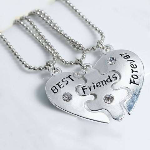 3 pc Necklace Ball Chain Broken Heart Message " Best Friends Forever " Pendant Clear Rhinestone - Sexy Sparkles Fashion Jewelry - 3