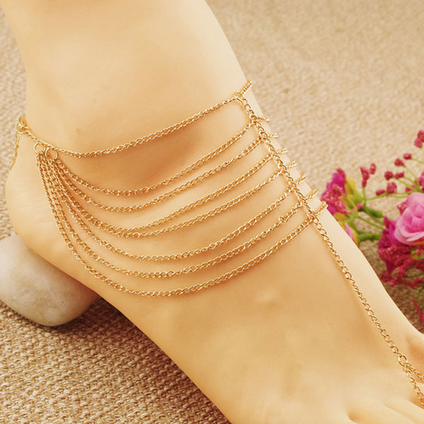 Sexy Sparkles New Fashion Women Multi layer Chain Beach Sexy Sandal Anklet Ankle Bracelet Link Curb Chain Bracelet Gold Plated