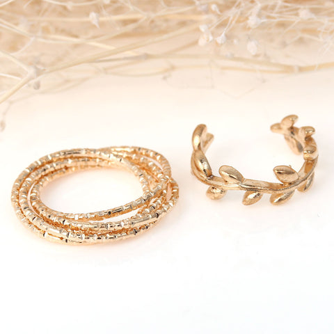 Sexy Sparkles 1set (2pc) Open Band Knuckle Midi Rings Leaf Pattern Midi Ring Set - Sexy Sparkles Fashion Jewelry - 2