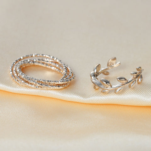 Sexy Sparkles 1set (2pc) Open Band Knuckle Midi Rings Leaf Pattern Midi Ring Set - Sexy Sparkles Fashion Jewelry - 3
