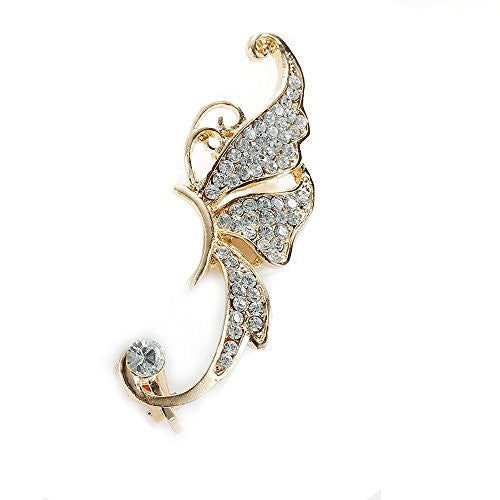 SEXY SPARKLES Ear Cuff Clip On Stud Wrap Earrings For Left Ear Butterfly Gold Plated Clear Rhinestone 2 1/8" - Sexy Sparkles Fashion Jewelry - 1