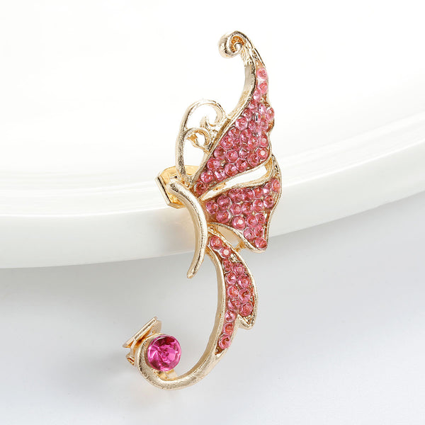 SEXY SPARKLES Ear Cuff Clip On Stud Wrap Earrings For Left Ear Butterfly Gold Plated W/Fuchsia Rhinestone