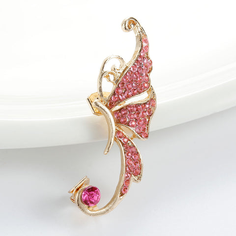 SEXY SPARKLES Ear Cuff Clip On Stud Wrap Earrings For Left Ear Butterfly Gold Plated W/Fuchsia Rhinestone - Sexy Sparkles Fashion Jewelry - 1