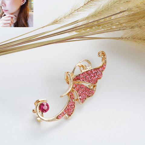 SEXY SPARKLES Ear Cuff Clip On Stud Wrap Earrings For Left Ear Butterfly Gold Plated W/Fuchsia Rhinestone - Sexy Sparkles Fashion Jewelry - 3