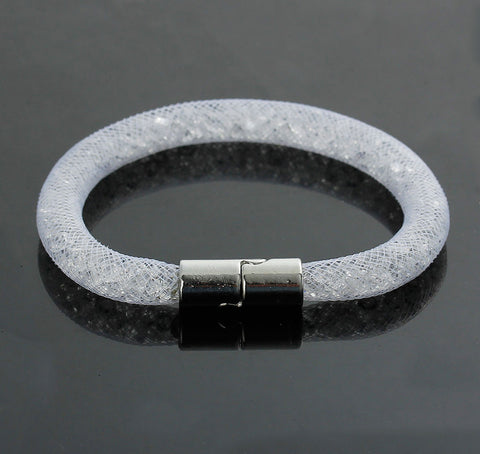 White Shiny Rhinestone Crystal Stardust Mesh Magnetic Wrap Bangle Bracelet - Sexy Sparkles Fashion Jewelry - 2