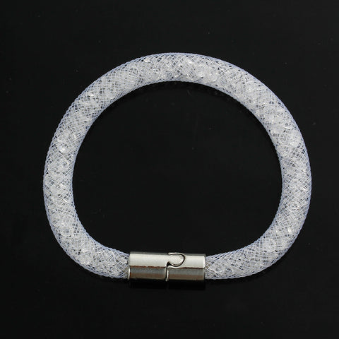 White Shiny Rhinestone Crystal Stardust Mesh Magnetic Wrap Bangle Bracelet - Sexy Sparkles Fashion Jewelry - 3