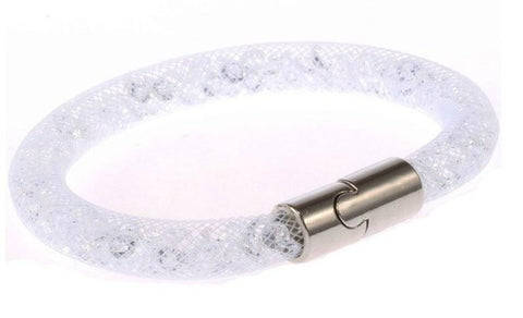 White Shiny Rhinestone Crystal Stardust Mesh Magnetic Wrap Bangle Bracelet - Sexy Sparkles Fashion Jewelry - 1