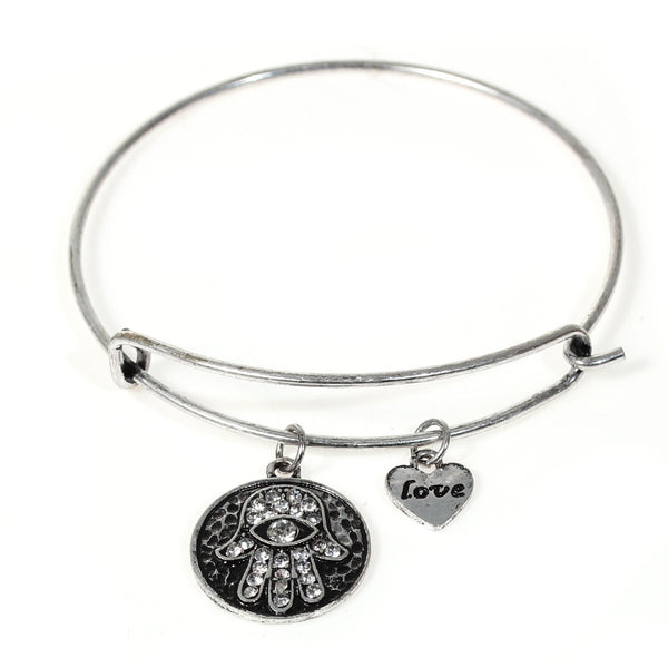 Expandable Charm Bangles Round Heart Pendants Hamsa Symbol Hand " LOVE " Carved With Clear Rhinestone 20cm(7 7/8") long - Sexy Sparkles Fashion Jewelry
