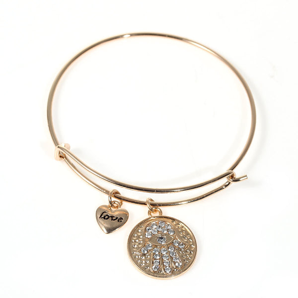 SEXY SPARKLES Hamsa Hand Expandable Charm Bangle Gold Tone with Round Heart Pendants