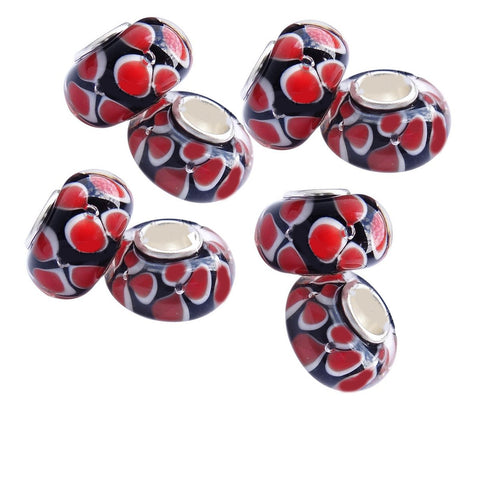 (2) Two Red, White and Black Lampwork Murano Glass European Bead Compatible for Most European Snake Chain Bracelet - Sexy Sparkles Fashion Jewelry