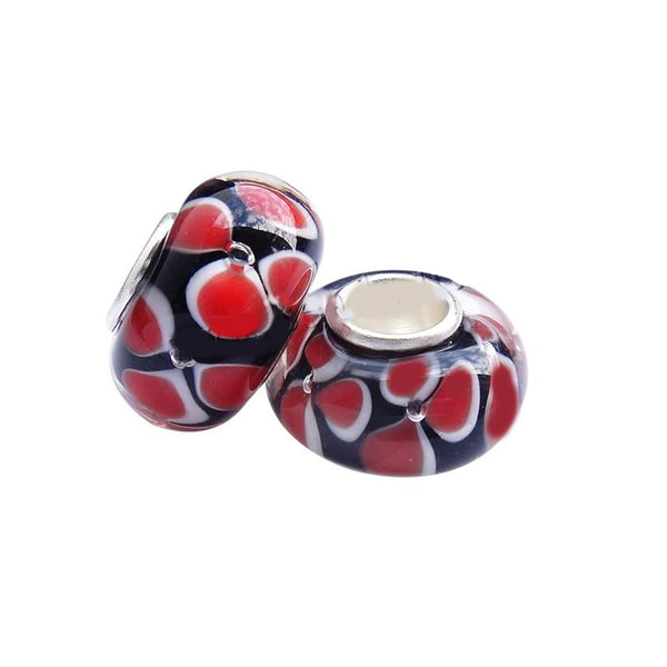 (2) Two Red, White and Black Lampwork Murano Glass European Bead Compatible for Most European Snake Chain Bracelet - Sexy Sparkles Fashion Jewelry