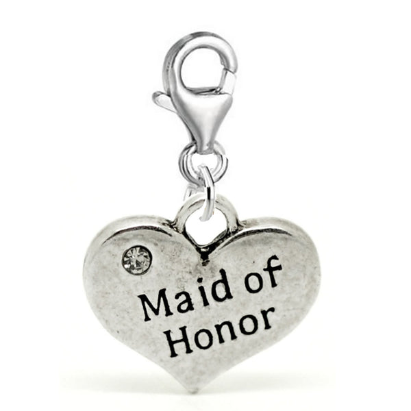 Maid of Honor Heart 2 Sided w/Rhinestones Wedding Charm Clip On Lobster Clasp Charm - Sexy Sparkles Fashion Jewelry