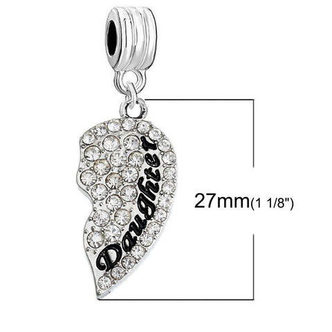1 Pair Mother Daughter Hearts Love Charm With Clear Rhinestones Fits Snake Chains Brand Charm Bracelets - Sexy Sparkles Fashion Jewelry - 2