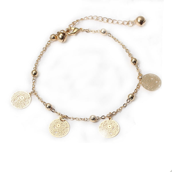 SEXY SPARKLES Filigree Stamping Bell Bracelet Gold Plated Whit Round Hollow Pendants