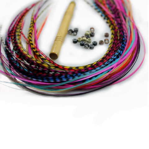 Feather Hair Extension 20 Individual 7"-11" Multi Color Kit with Hook Tool and 10 Beads