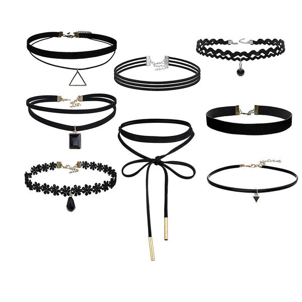 Sexy Sparkles 8PCS Womens Black Velvet Choker Necklace for Girls Lace Choker Necklace (8 Pcs a set)