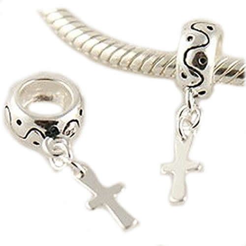 .925 Sterling Silver " Dangle Cross"  Charm Spacer Bead for Snake Chain Charm Bracelet