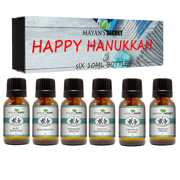 Premium Grade Fragrance Oil- Happy Hanukkah- Gift Set 6/10ml for Diffuser, Body oil, Skin & Hair, Massage, Baby Powder, Beachwood, Tropical Island, Summer Breeze, Toasted Marshmallows, Vanilla