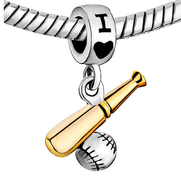 I Love Baseball Bat and Ball Small Dangle Sports Fan Charm Jewelry Bead Fits Pandora Compatible Bracelets