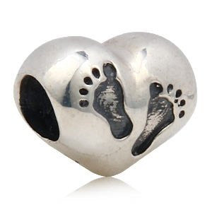 .925 Sterling Silver "Heart Baby Feet"  Charm Spacer Bead for Snake Chain Charm Bracelet