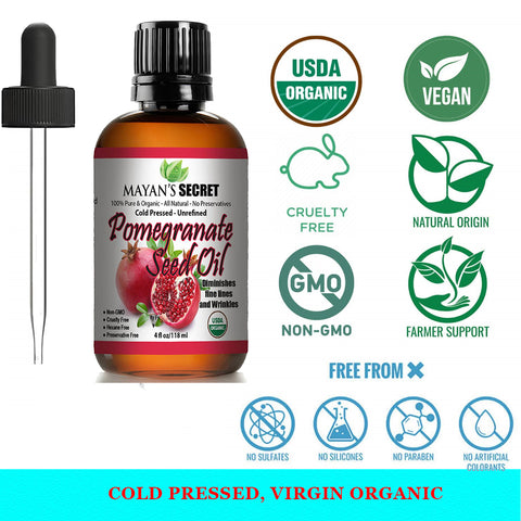 USDA Certified Organic Pomegranate Seed Oil for Skin Repair -Large 4oz Glass Bottle  Cold Pressed and Pure Rejuvenating Oil for Skin, Hair and Nails