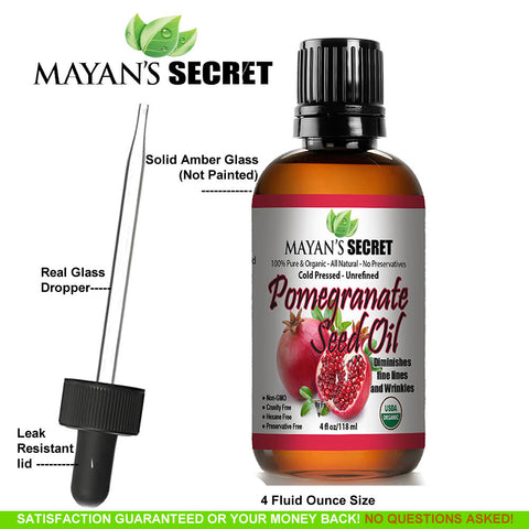 USDA Certified Organic Pomegranate Seed Oil for Skin Repair -Large 4oz Glass Bottle  Cold Pressed and Pure Rejuvenating Oil for Skin, Hair and Nails