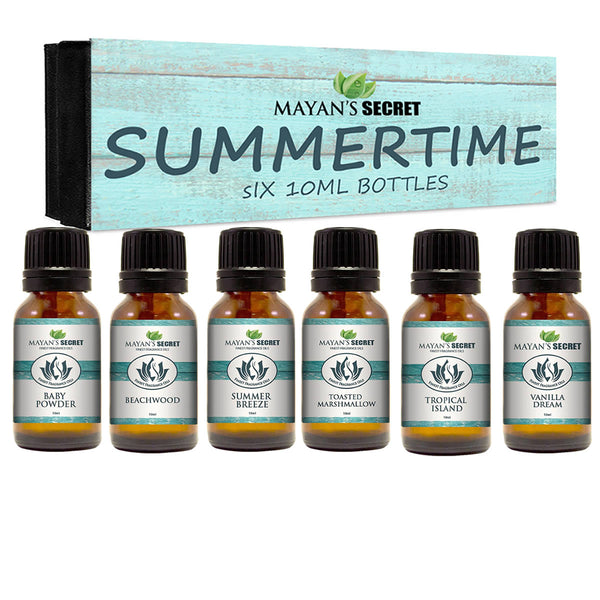 Mayan's Secret Premium Grade Fragrance Oil-Summer Time- Gift Set 6/10ml for Diffuser, Body oil, Skin & Hair, Massage, Baby Powder, Beachwood, Tropical Island, Summer Breeze, Toasted..