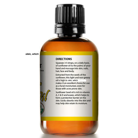 SUNFLOWER SEED OIL MOISTURIZER - 4oz size | USDA Certified Organic Cold Pressed - High Linoleic | Best for Acne Prone Oily Skin and Face | Daily or Nighttime Facial Regimen for Men & Women