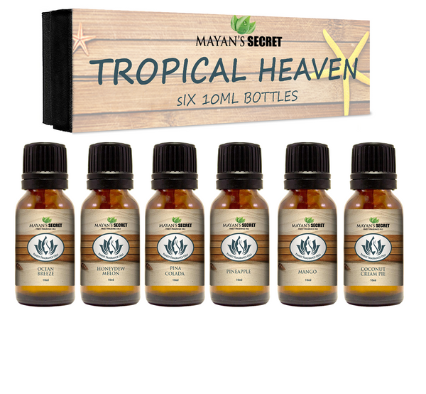 Mayan's Secret Premium Grade Fragrance Oil -Tropical Heaven- Gift Set 6/10ml Ocean Breeze, Honeydew Melon, Pina Colada, Pineapple, Mango, Coconut Cream Pie