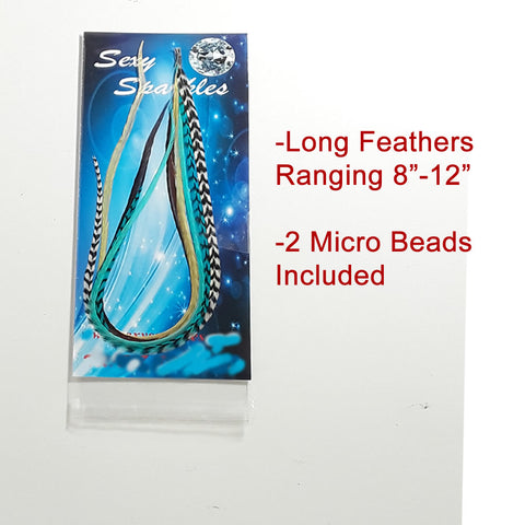 100% Genuine Feathers for hair Extensions Turquoise, White Grizzly  & Brown Long Thin Feathers for Hair Extension 7 Feathers